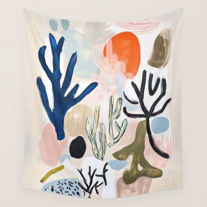 Sea Life Abstract Coral and Seashells Ocean Coastal  Blue Art Painting Wall Tapestry Gallery Image 1