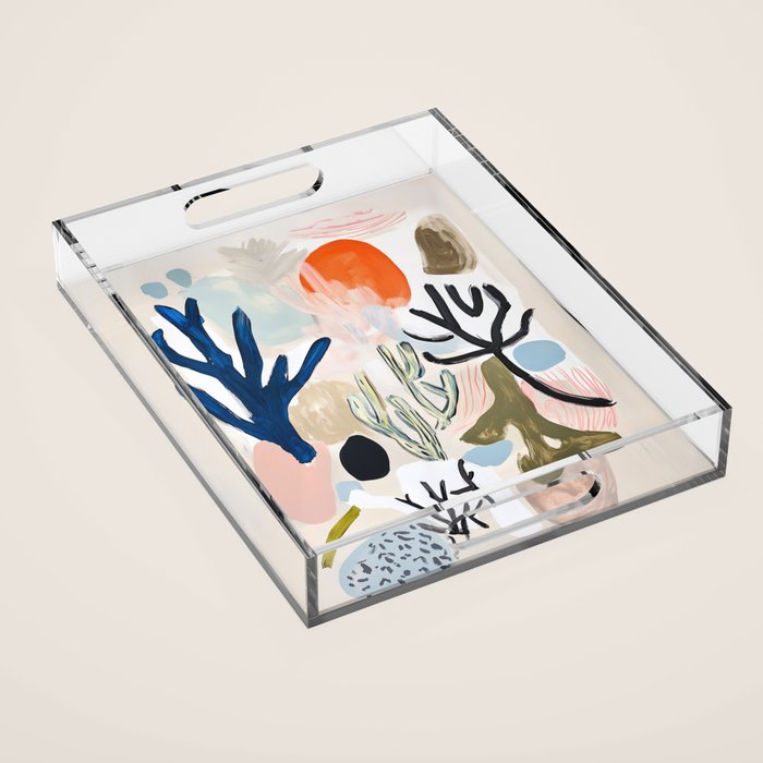 Sea Life Abstract Coral and Seashells Ocean Coastal  Blue Art Painting Acrylic Tray Gallery Image 1