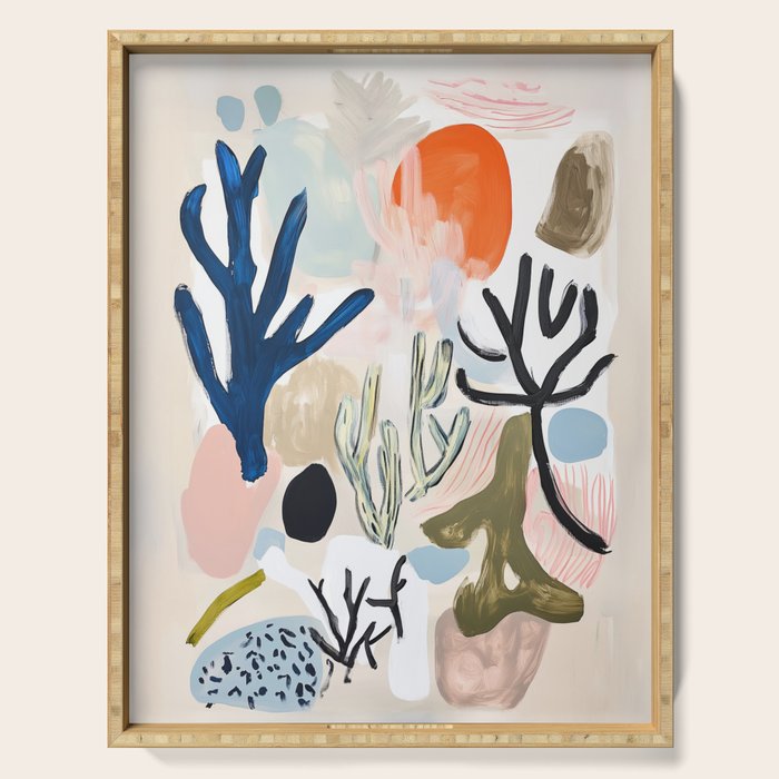 Sea Life Abstract Coral and Seashells Ocean Coastal  Blue Art Painting Serving Tray Gallery Image 1