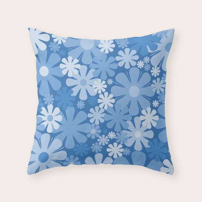 Retro 60s 70s Aesthetic Floral Pattern in Pretty Blue Tones Throw Pillow Gallery Image 1