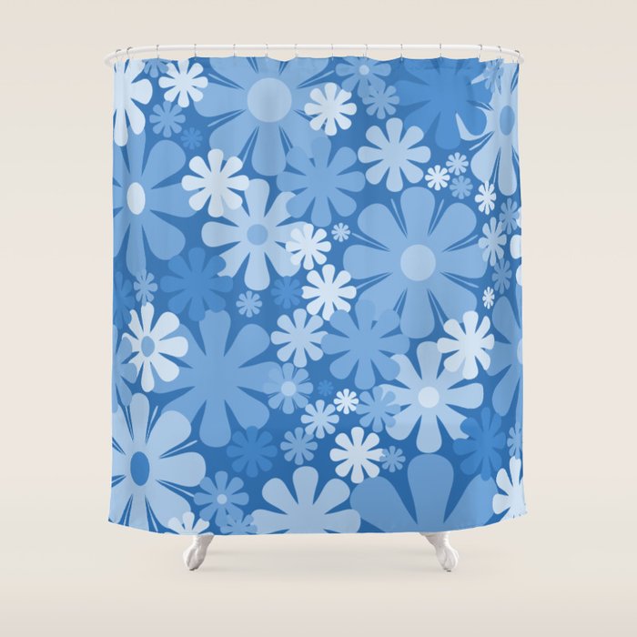 Retro 60s 70s Aesthetic Floral Pattern in Pretty Blue Tones Shower Curtain Gallery Image 1