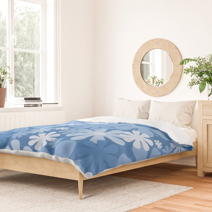 Retro 60s 70s Aesthetic Floral Pattern in Pretty Blue Tones Duvet Cover Gallery Image 2