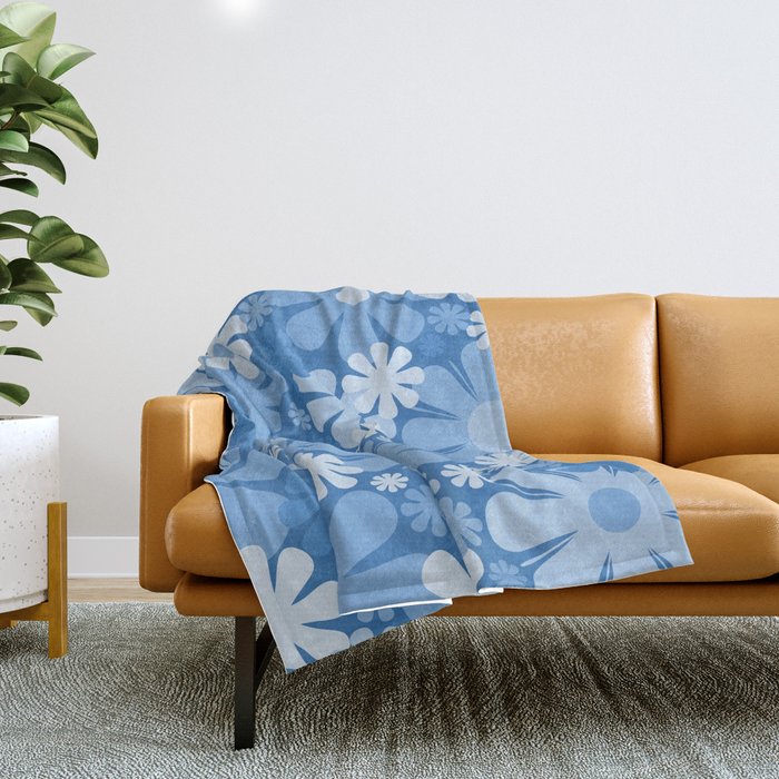 Retro 60s 70s Aesthetic Floral Pattern in Pretty Blue Tones Throw Blanket Gallery Image 1