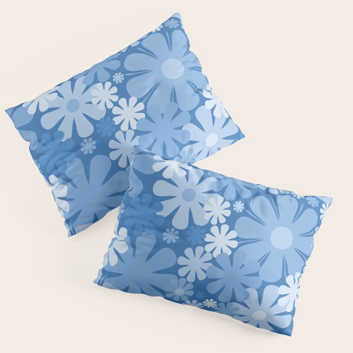 Retro 60s 70s Aesthetic Floral Pattern in Pretty Blue Tones Pillow Sham Gallery Image 3