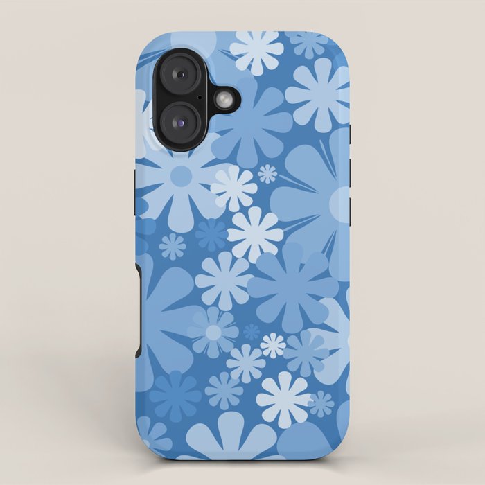 Retro 60s 70s Aesthetic Floral Pattern in Pretty Blue Tones iPhone Case Gallery Image 1