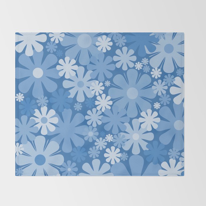 Retro 60s 70s Aesthetic Floral Pattern in Pretty Blue Tones Throw Blanket Gallery Image 2