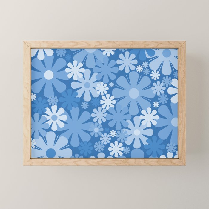 Retro 60s 70s Aesthetic Floral Pattern in Pretty Blue Tones Mini Art Print Gallery Image 1