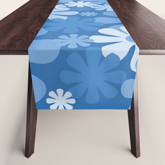 Retro 60s 70s Aesthetic Floral Pattern in Pretty Blue Tones Table Runner Gallery Image 1