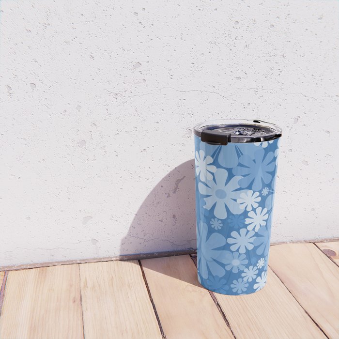Retro 60s 70s Aesthetic Floral Pattern in Pretty Blue Tones Travel Mug Gallery Image 4