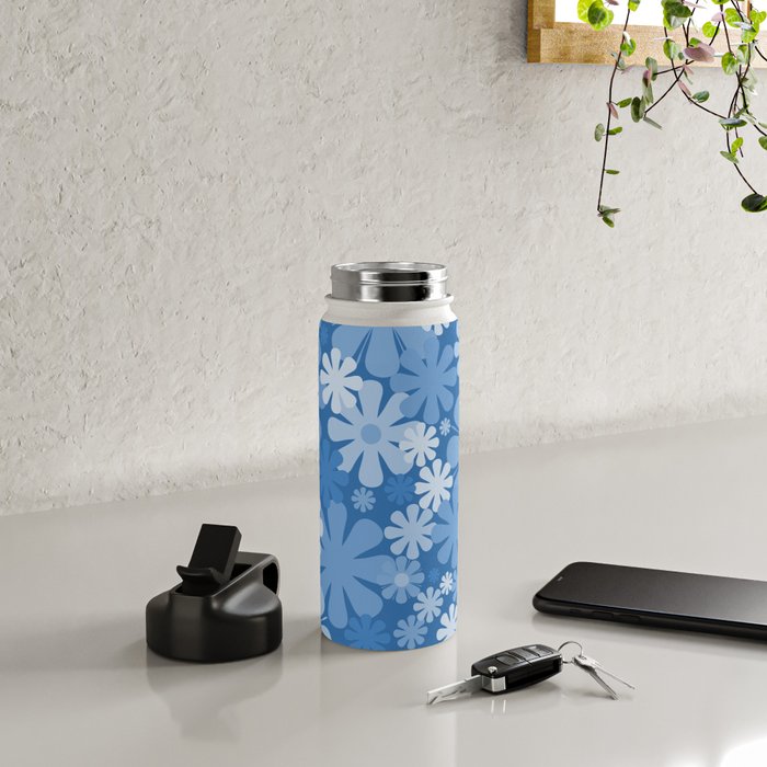 Retro 60s 70s Aesthetic Floral Pattern in Pretty Blue Tones Water Bottle Gallery Image 4