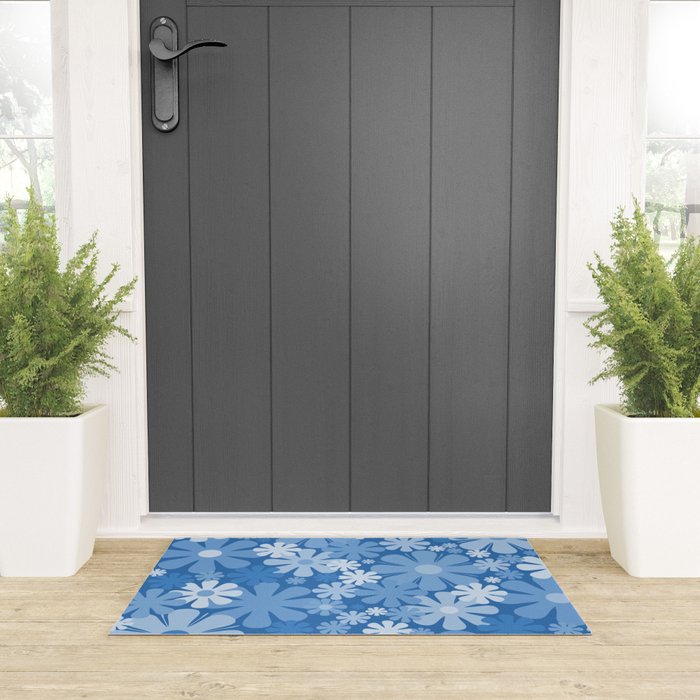 Retro 60s 70s Aesthetic Floral Pattern in Pretty Blue Tones Welcome Mat Gallery Image 3