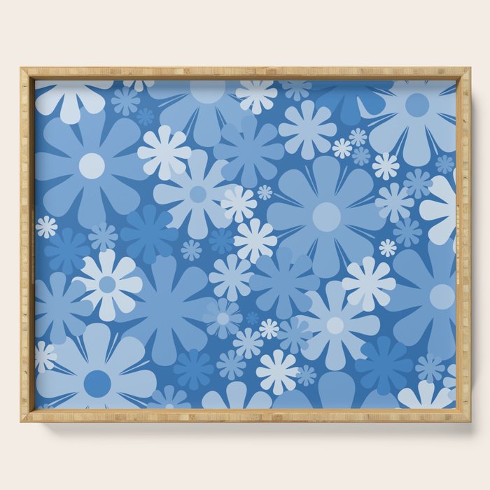 Retro 60s 70s Aesthetic Floral Pattern in Pretty Blue Tones Serving Tray Gallery Image 1