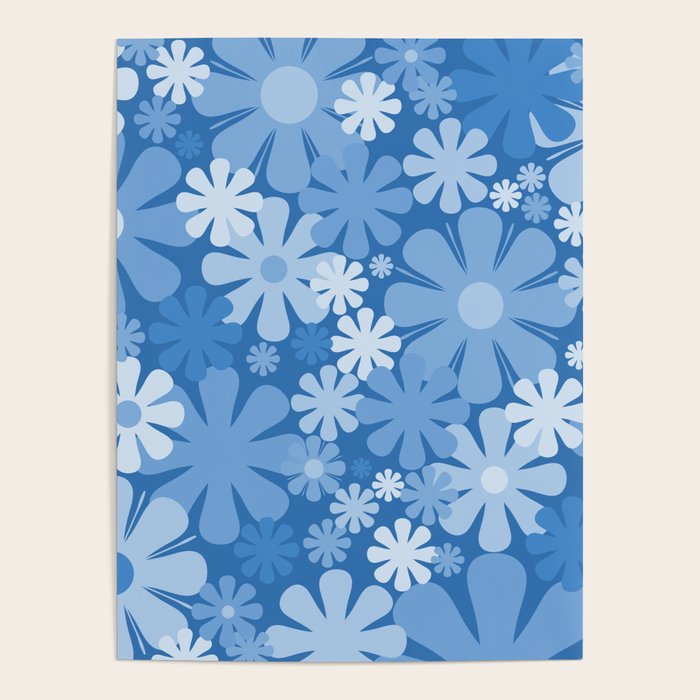 Retro 60s 70s Aesthetic Floral Pattern in Pretty Blue Tones Poster Gallery Image 4