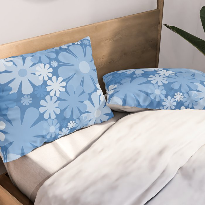 Retro 60s 70s Aesthetic Floral Pattern in Pretty Blue Tones Pillow Sham Gallery Image 2