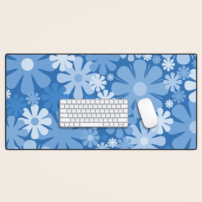 Retro 60s 70s Aesthetic Floral Pattern in Pretty Blue Tones Desk Mat Gallery Image 1