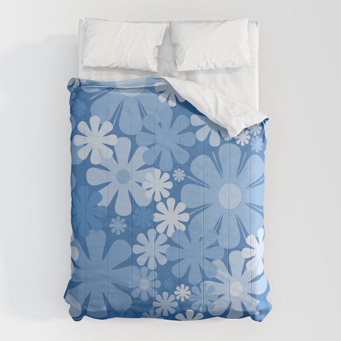 Retro 60s 70s Aesthetic Floral Pattern in Pretty Blue Tones Comforter Gallery Image 6