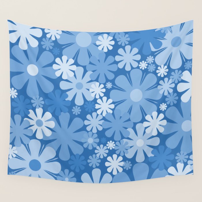 Retro 60s 70s Aesthetic Floral Pattern in Pretty Blue Tones Wall Tapestry Gallery Image 4