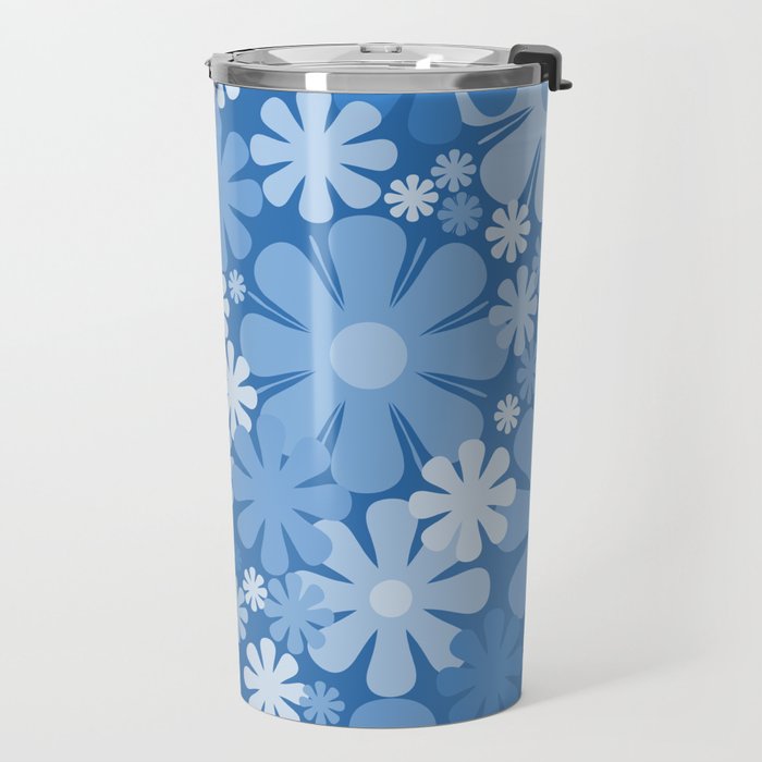 Retro 60s 70s Aesthetic Floral Pattern in Pretty Blue Tones Travel Mug Gallery Image 2