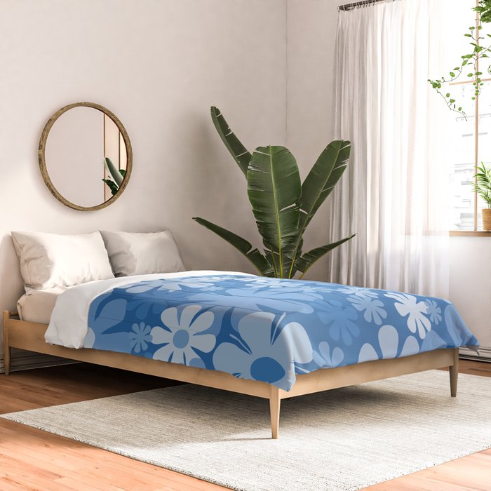 Retro 60s 70s Aesthetic Floral Pattern in Pretty Blue Tones Comforter Gallery Image 2
