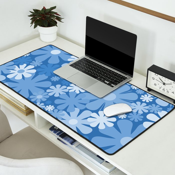 Retro 60s 70s Aesthetic Floral Pattern in Pretty Blue Tones Desk Mat Gallery Image 2
