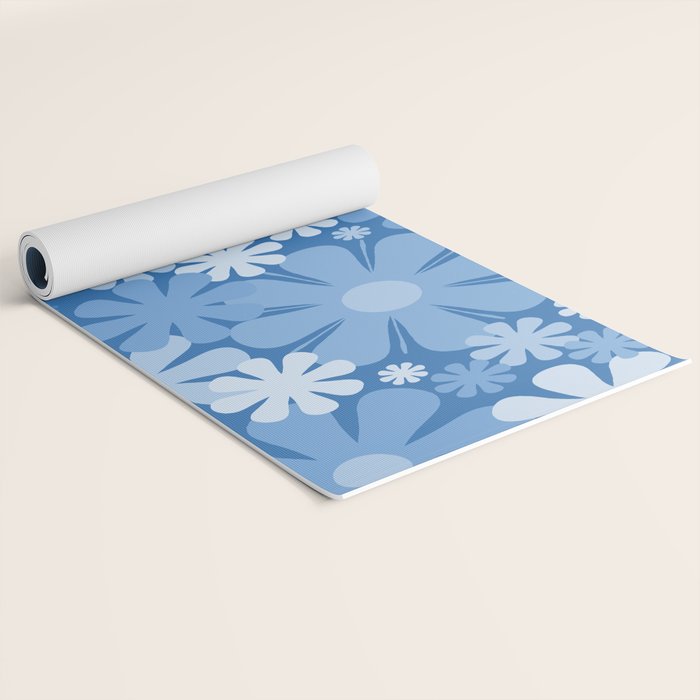 Retro 60s 70s Aesthetic Floral Pattern in Pretty Blue Tones Yoga Mat Gallery Image 2