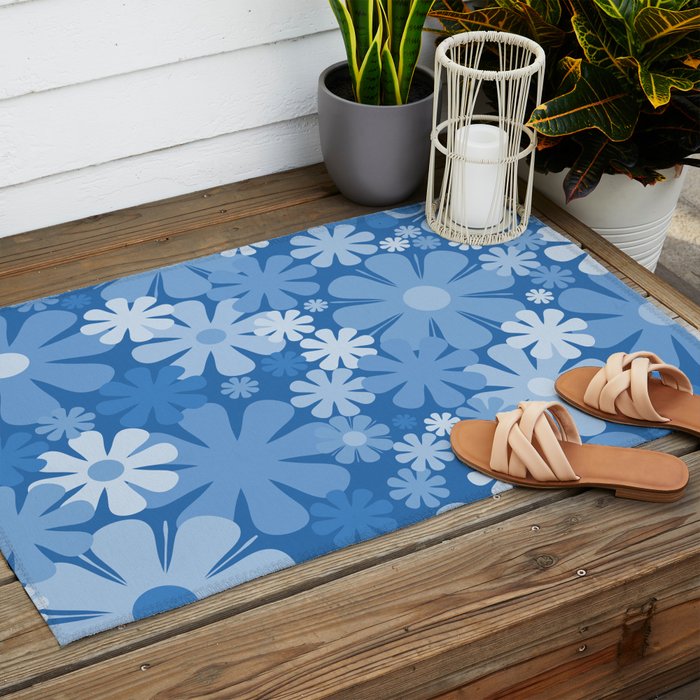 Retro 60s 70s Aesthetic Floral Pattern in Pretty Blue Tones Outdoor Rug Gallery Image 2