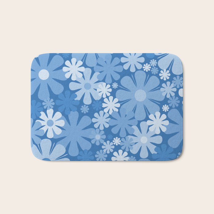 Retro 60s 70s Aesthetic Floral Pattern in Pretty Blue Tones Bath Mat Gallery Image 1
