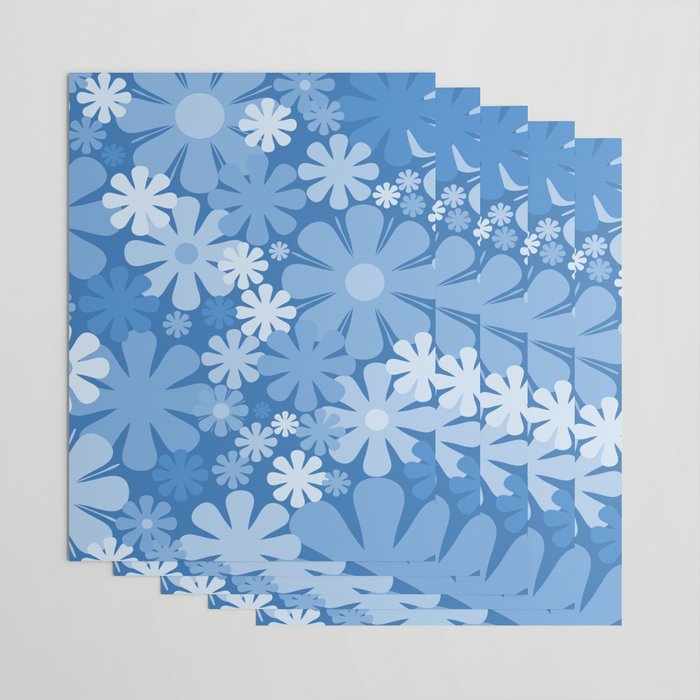Retro 60s 70s Aesthetic Floral Pattern in Pretty Blue Tones Wrapping Paper Gallery Image 3