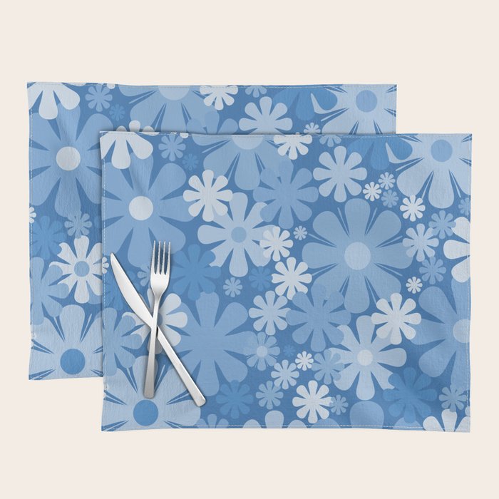 Retro 60s 70s Aesthetic Floral Pattern in Pretty Blue Tones Placemat Gallery Image 1