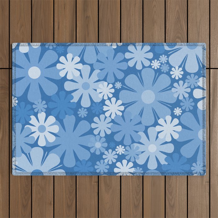 Retro 60s 70s Aesthetic Floral Pattern in Pretty Blue Tones Outdoor Rug Gallery Image 1