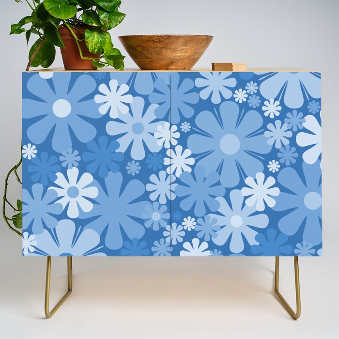 Retro 60s 70s Aesthetic Floral Pattern in Pretty Blue Tones Credenza Gallery Image 1