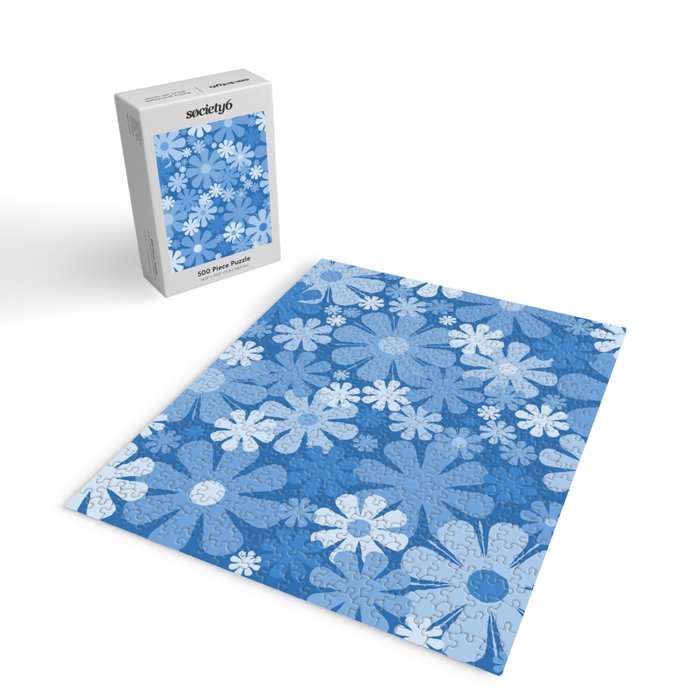 Retro 60s 70s Aesthetic Floral Pattern in Pretty Blue Tones Jigsaw Puzzle Gallery Image 2