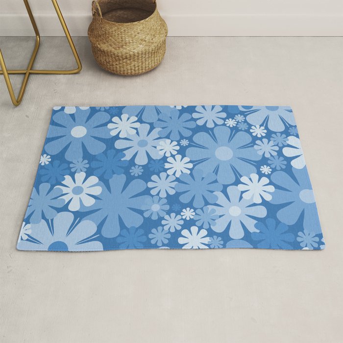 Retro 60s 70s Aesthetic Floral Pattern in Pretty Blue Tones Rug Gallery Image 1
