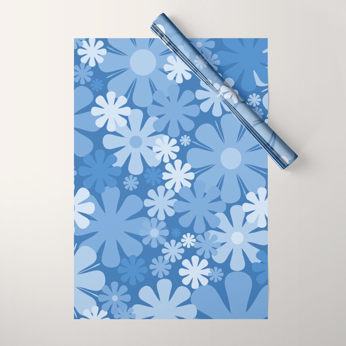Retro 60s 70s Aesthetic Floral Pattern in Pretty Blue Tones Wrapping Paper Gallery Image 1