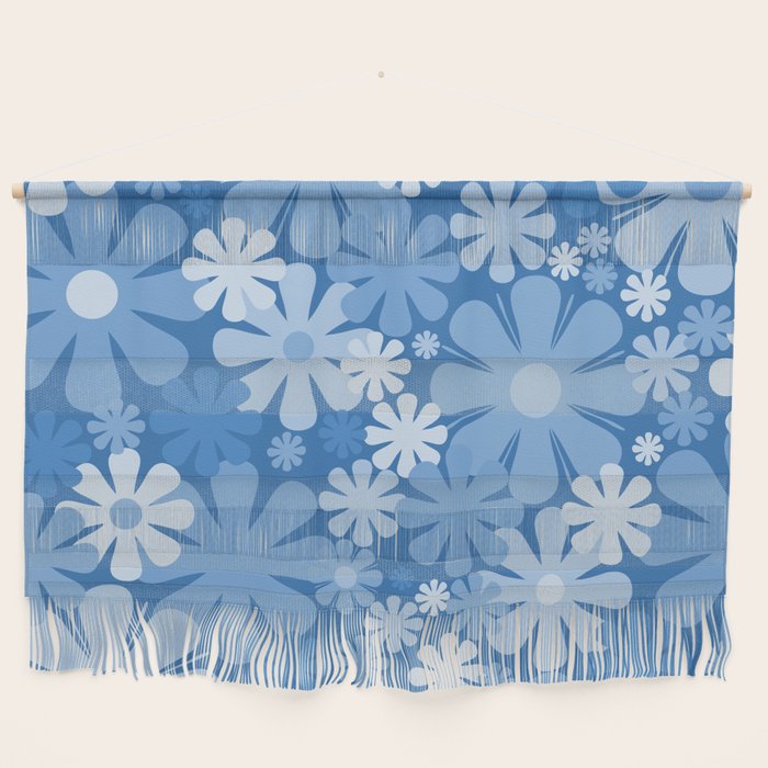 Retro 60s 70s Aesthetic Floral Pattern in Pretty Blue Tones Wall Hanging Gallery Image 1