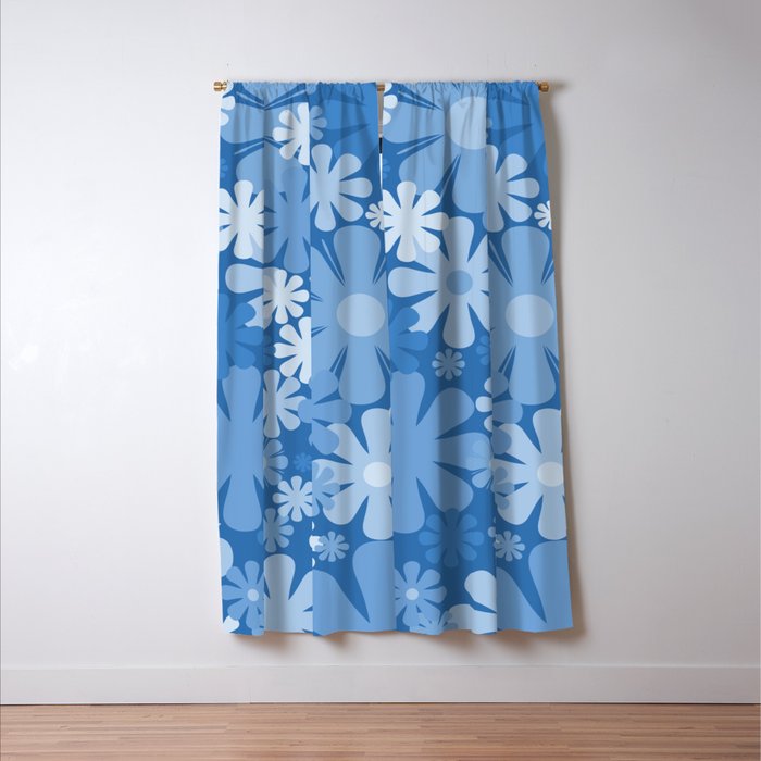 Retro 60s 70s Aesthetic Floral Pattern in Pretty Blue Tones Window Curtain Gallery Image 3