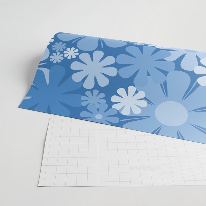 Retro 60s 70s Aesthetic Floral Pattern in Pretty Blue Tones Wrapping Paper Gallery Image 2