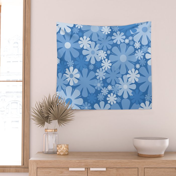 Retro 60s 70s Aesthetic Floral Pattern in Pretty Blue Tones Wall Tapestry Gallery Image 2