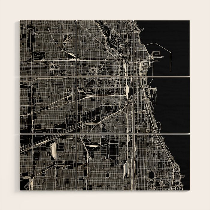 Chicago Black Map Wood Wall Art Gallery Image 1
