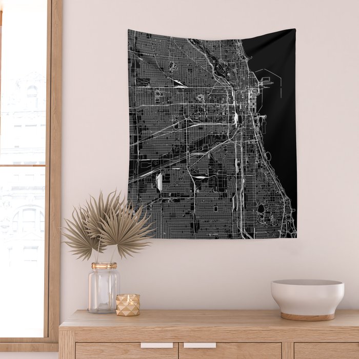 Chicago Black Map Wall Tapestry Gallery Image 2