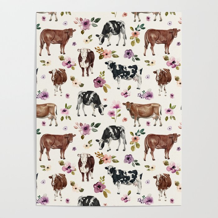 Boho Floral Cow Print with Purple flowers on Cream Poster Gallery Image 4