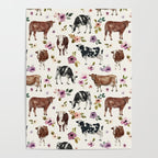 Boho Floral Cow Print with Purple flowers on Cream Poster Gallery Image 4
