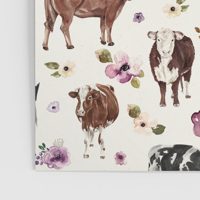 Boho Floral Cow Print with Purple flowers on Cream Poster Gallery Image 3