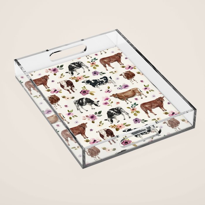Boho Floral Cow Print with Purple flowers on Cream Acrylic Tray Gallery Image 1