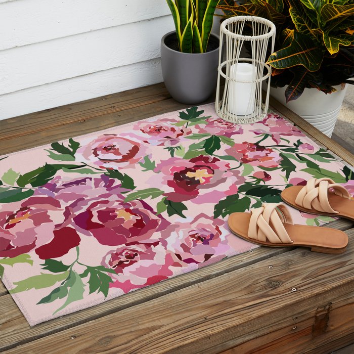 Romantic peony pastel pink background Outdoor Rug Gallery Image 2