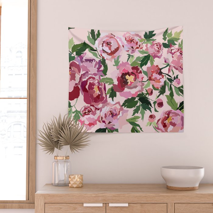 Romantic peony pastel pink background Wall Tapestry Gallery Image 2