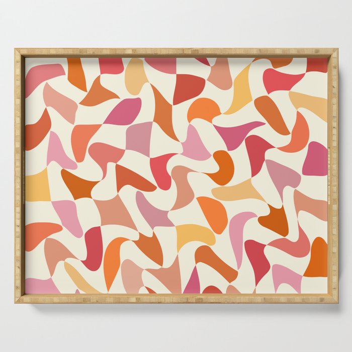 Abstract Wavy Checkerboard in Orange, Pink & Yellow Serving Tray Gallery Image 1