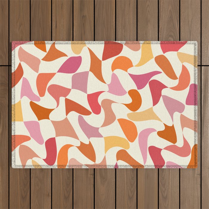 Abstract Wavy Checkerboard in Orange, Pink & Yellow Outdoor Rug Gallery Image 1