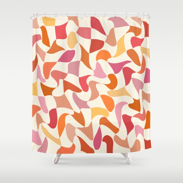 Abstract Wavy Checkerboard in Orange, Pink & Yellow Shower Curtain Gallery Image 1