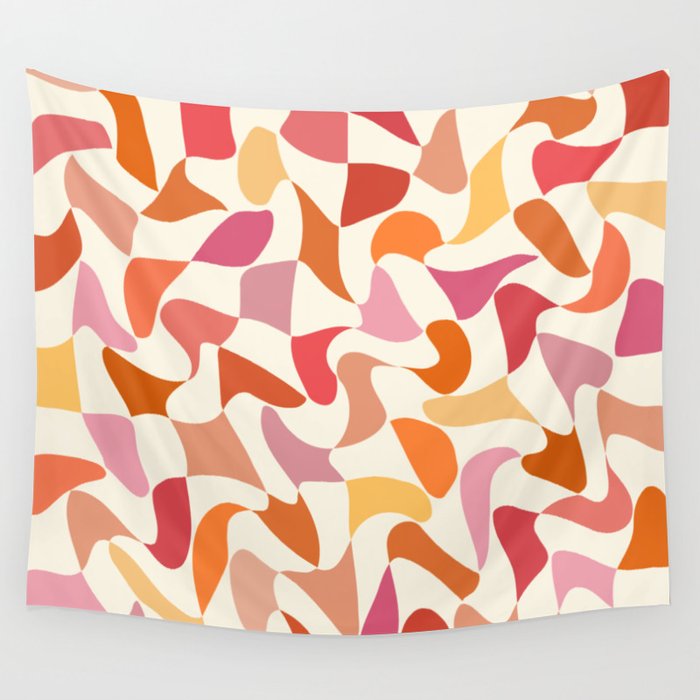 Abstract Wavy Checkerboard in Orange, Pink & Yellow Wall Tapestry Gallery Image 4